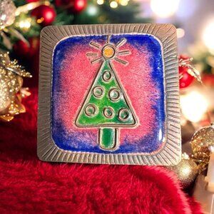 Handcrafted Copper Enamel Christmas Tree Pin Holiday Brooch Festive Unique Art